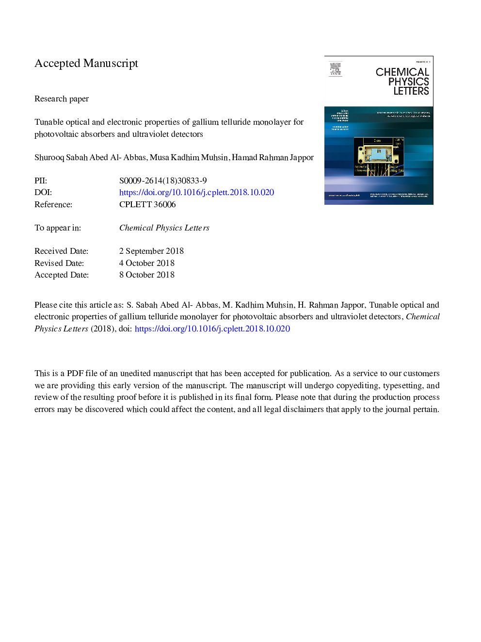 Tunable optical and electronic properties of gallium telluride monolayer for photovoltaic absorbers and ultraviolet detectors