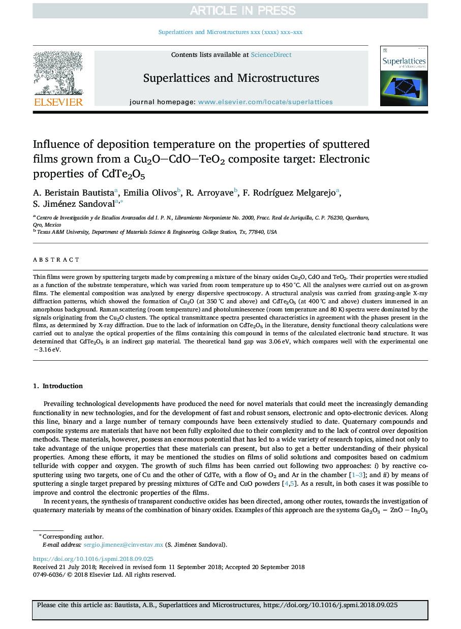 Influence of deposition temperature on the properties of sputtered films grown from a Cu2OCdOTeO2 composite target: Electronic properties of CdTe2O5