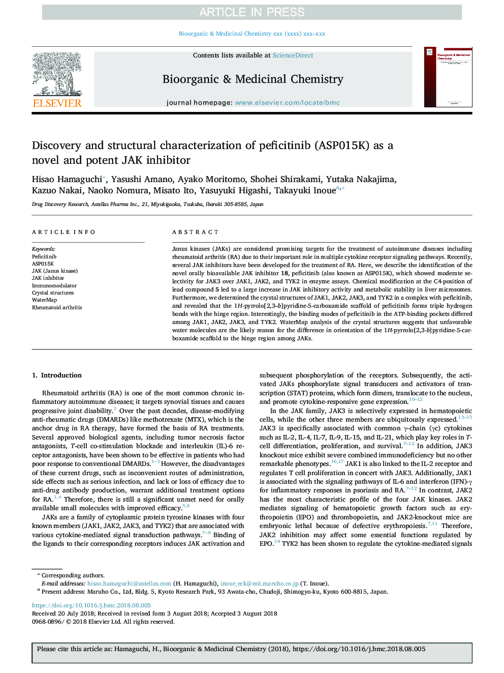 Discovery and structural characterization of peficitinib (ASP015K) as a novel and potent JAK inhibitor