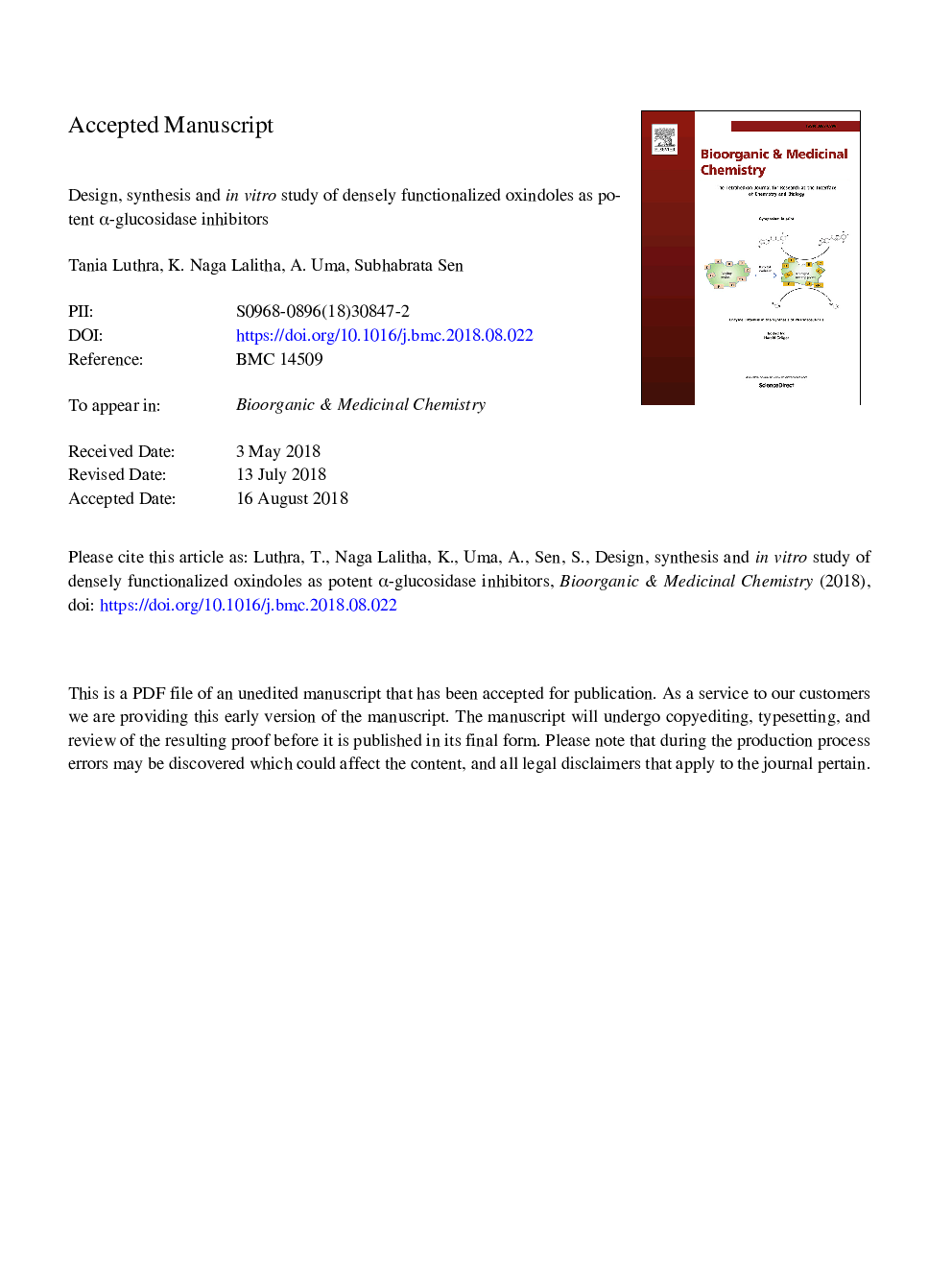 Design, synthesis and in vitro study of densely functionalized oxindoles as potent Î±-glucosidase inhibitors