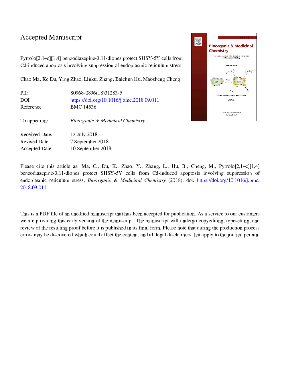 Pyrrolo[2,1-c][1,4] benzodiazepine-3,11-diones protect SHSY-5Y cells from Cd-induced apoptosis involving suppression of endoplasmic reticulum stress