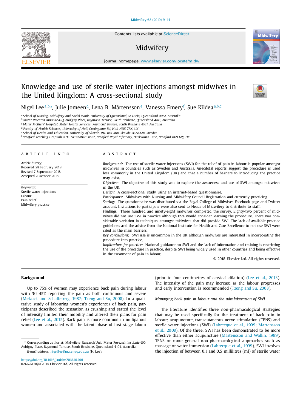 Knowledge and use of sterile water injections amongst midwives in the United Kingdom: A cross-sectional study