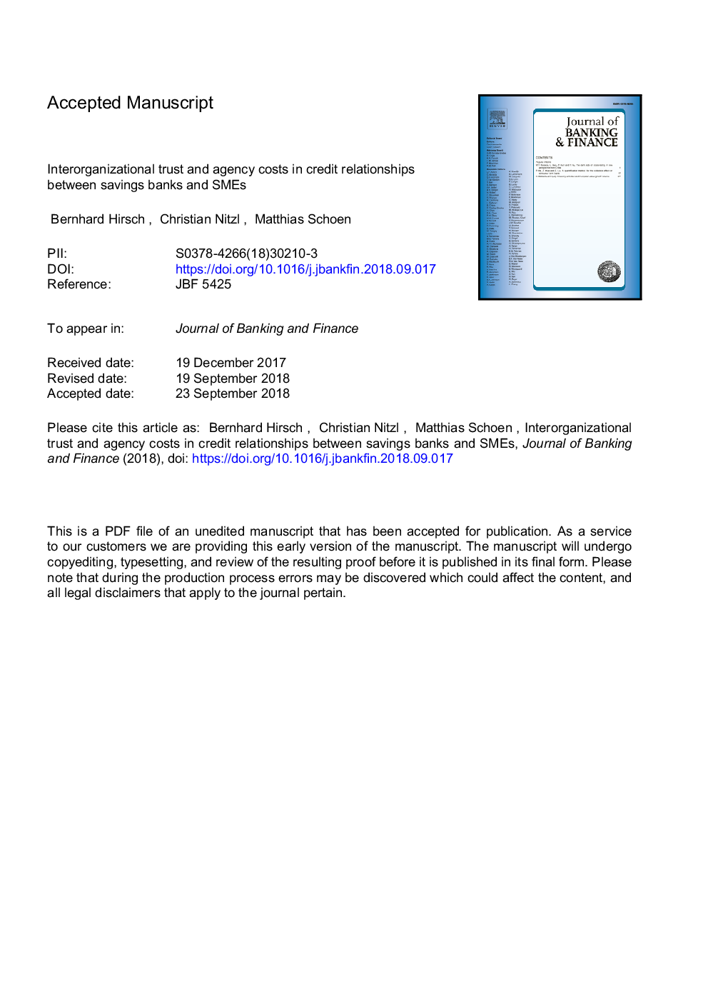 Interorganizational trust and agency costs in credit relationships between savings banks and SMEs