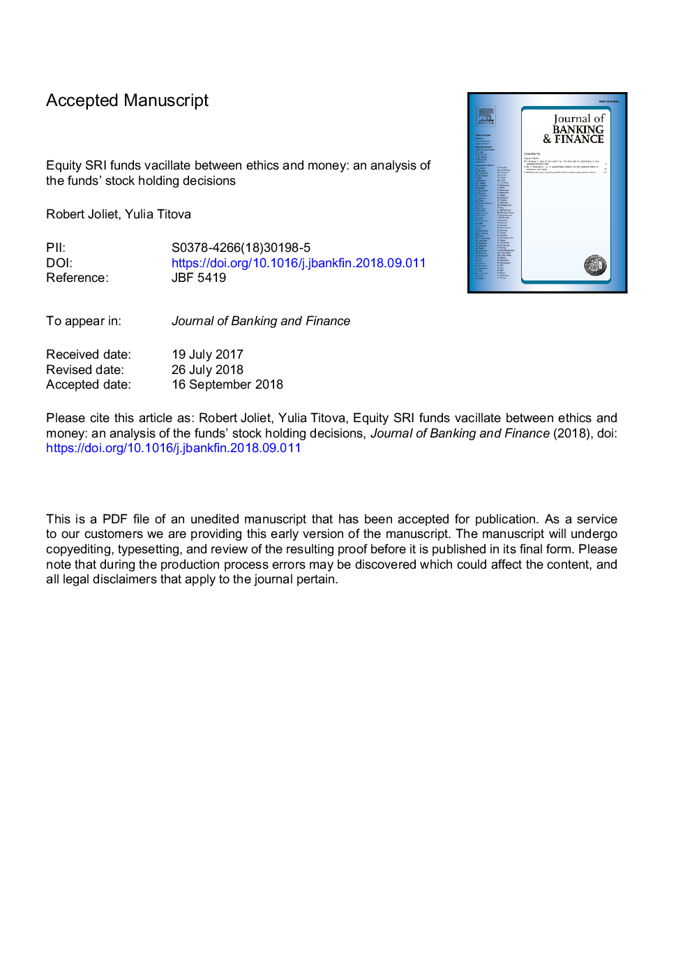 Equity SRI funds vacillate between ethics and money: An analysis of the funds' stock holding decisions