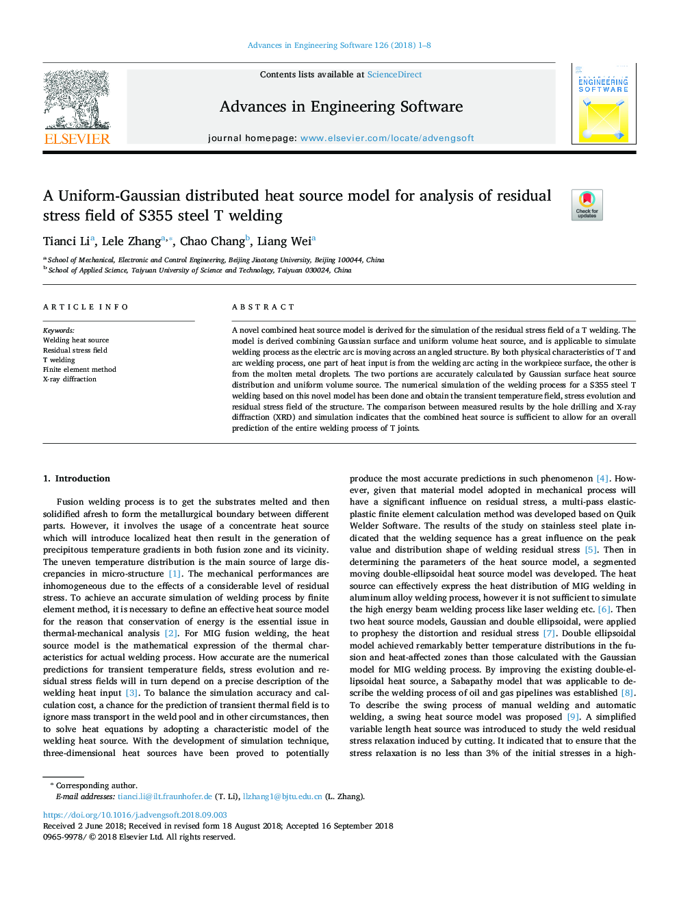 A Uniform-Gaussian distributed heat source model for analysis of residual stress field of S355 steel T welding