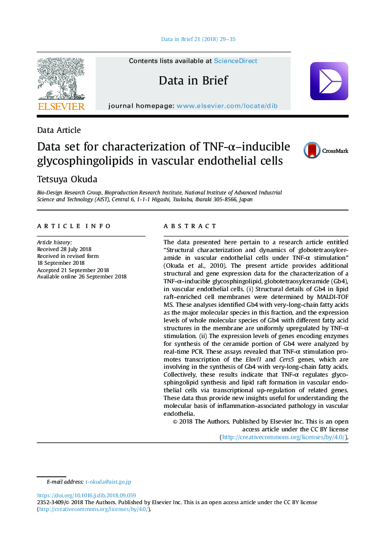 Data set for characterization of TNF-Î±-inducible glycosphingolipids in vascular endothelial cells