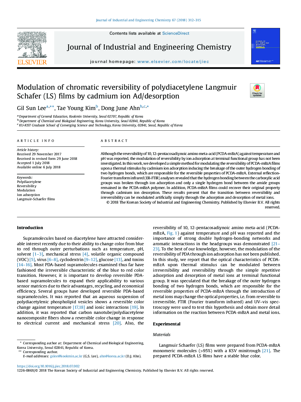 Modulation of chromatic reversibility of polydiacetylene Langmuir Schafer (LS) films by cadmium ion Ad/desorption