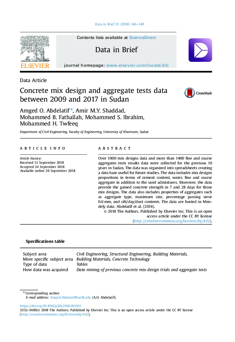 Concrete mix design and aggregate tests data between 2009 and 2017 in Sudan
