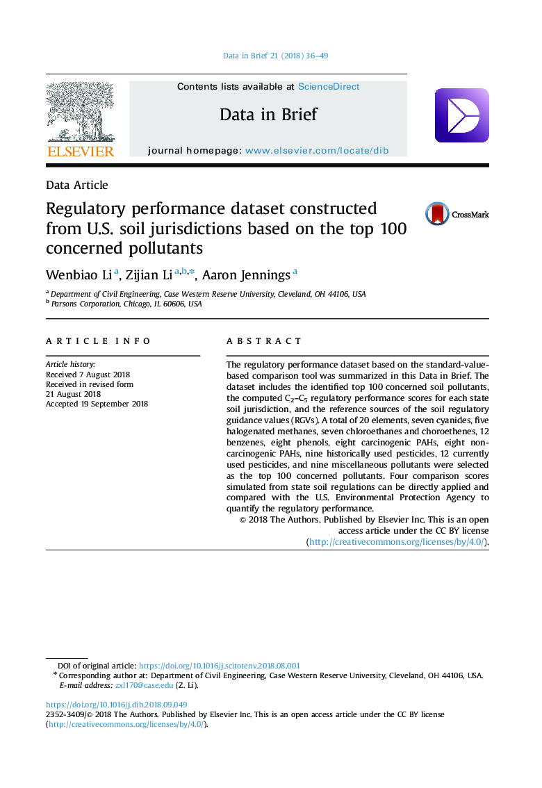 Regulatory performance dataset constructed from U.S. soil jurisdictions based on the top 100 concerned pollutants