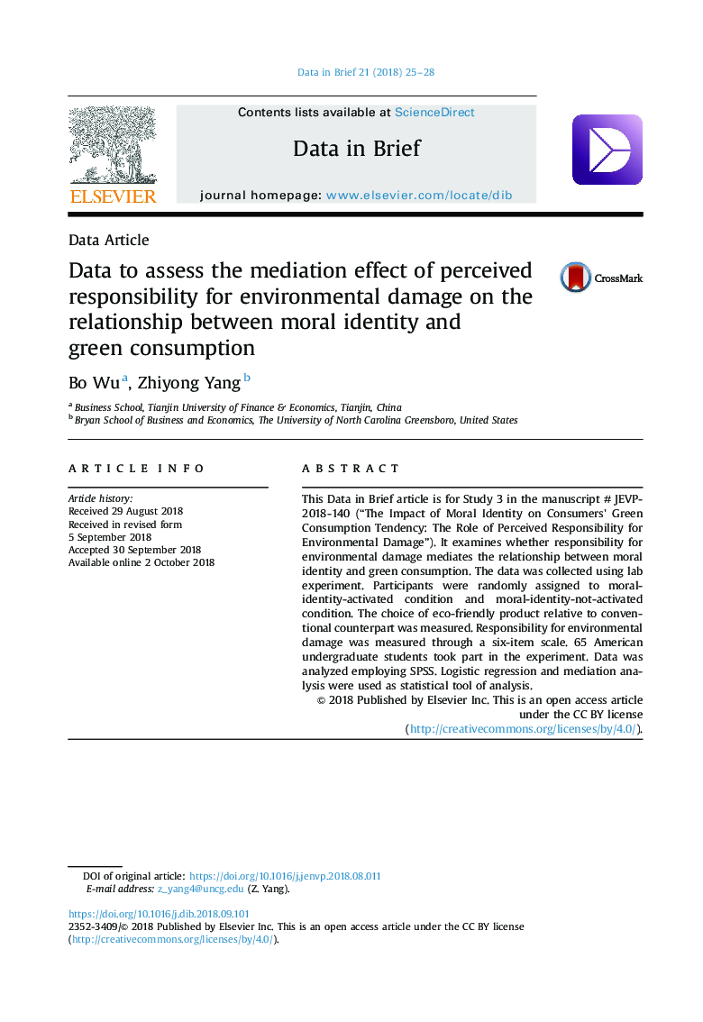 Data to assess the mediation effect of perceived responsibility for environmental damage on the relationship between moral identity and green consumption