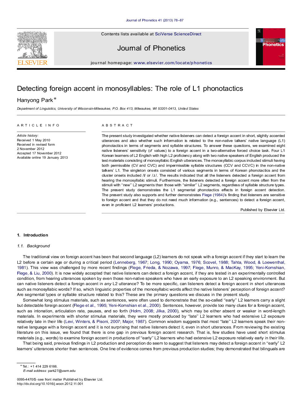 Detecting foreign accent in monosyllables: The role of L1 phonotactics