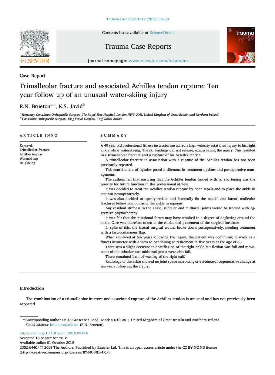 Trimalleolar fracture and associated Achilles tendon rupture: Ten year follow up of an unusual water-skiing injury