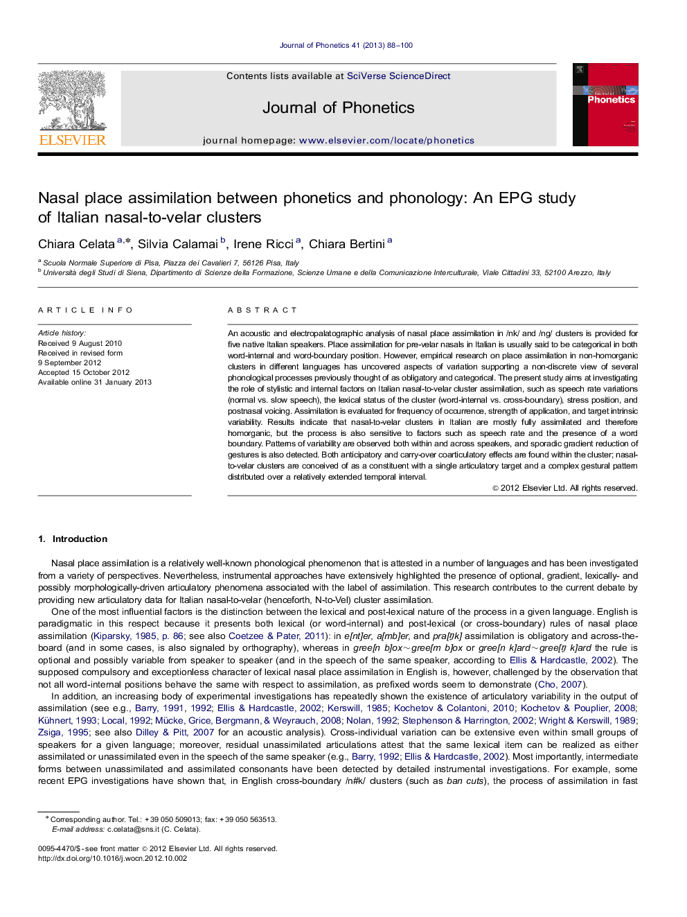 Nasal place assimilation between phonetics and phonology: An EPG study of Italian nasal-to-velar clusters