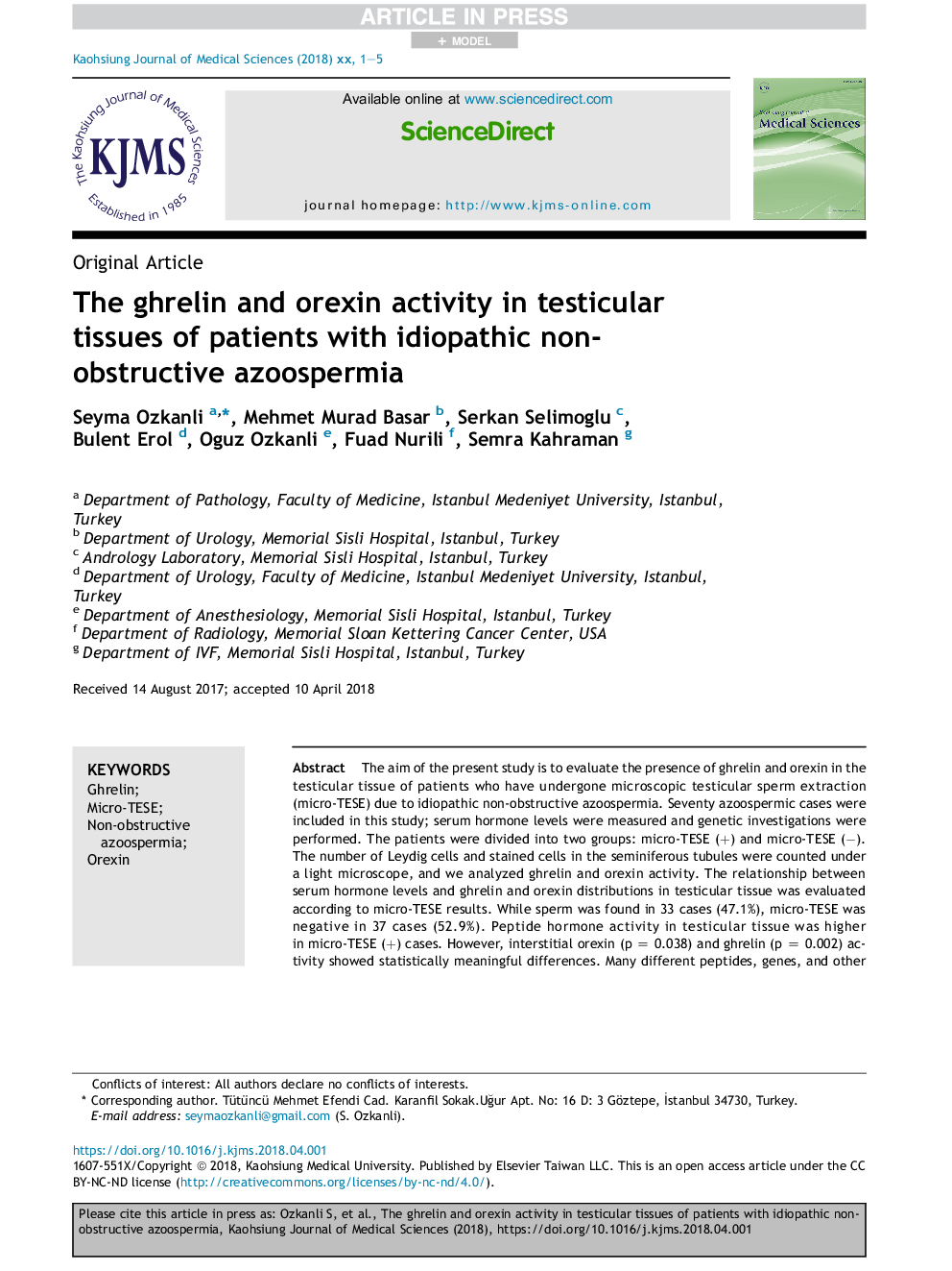 The ghrelin and orexin activity in testicular tissues of patients with idiopathic non-obstructive azoospermia