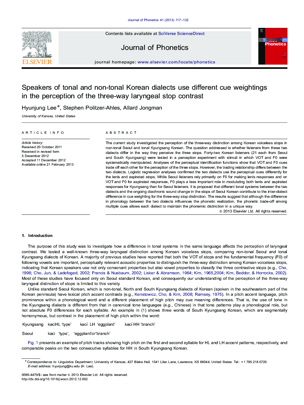 Speakers of tonal and non-tonal Korean dialects use different cue weightings in the perception of the three-way laryngeal stop contrast