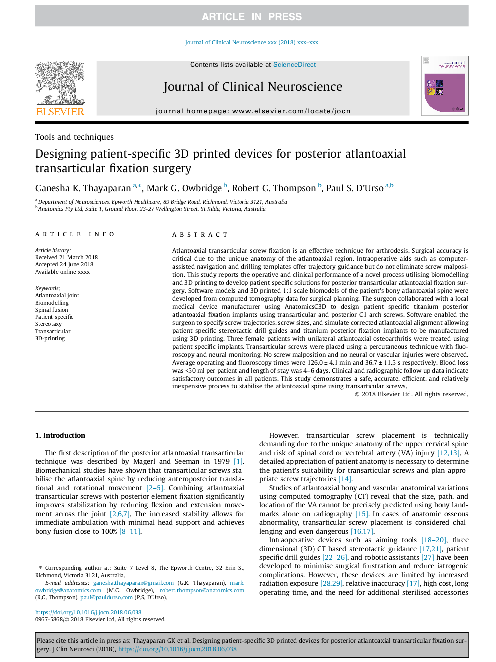 Designing patient-specific 3D printed devices for posterior atlantoaxial transarticular fixation surgery