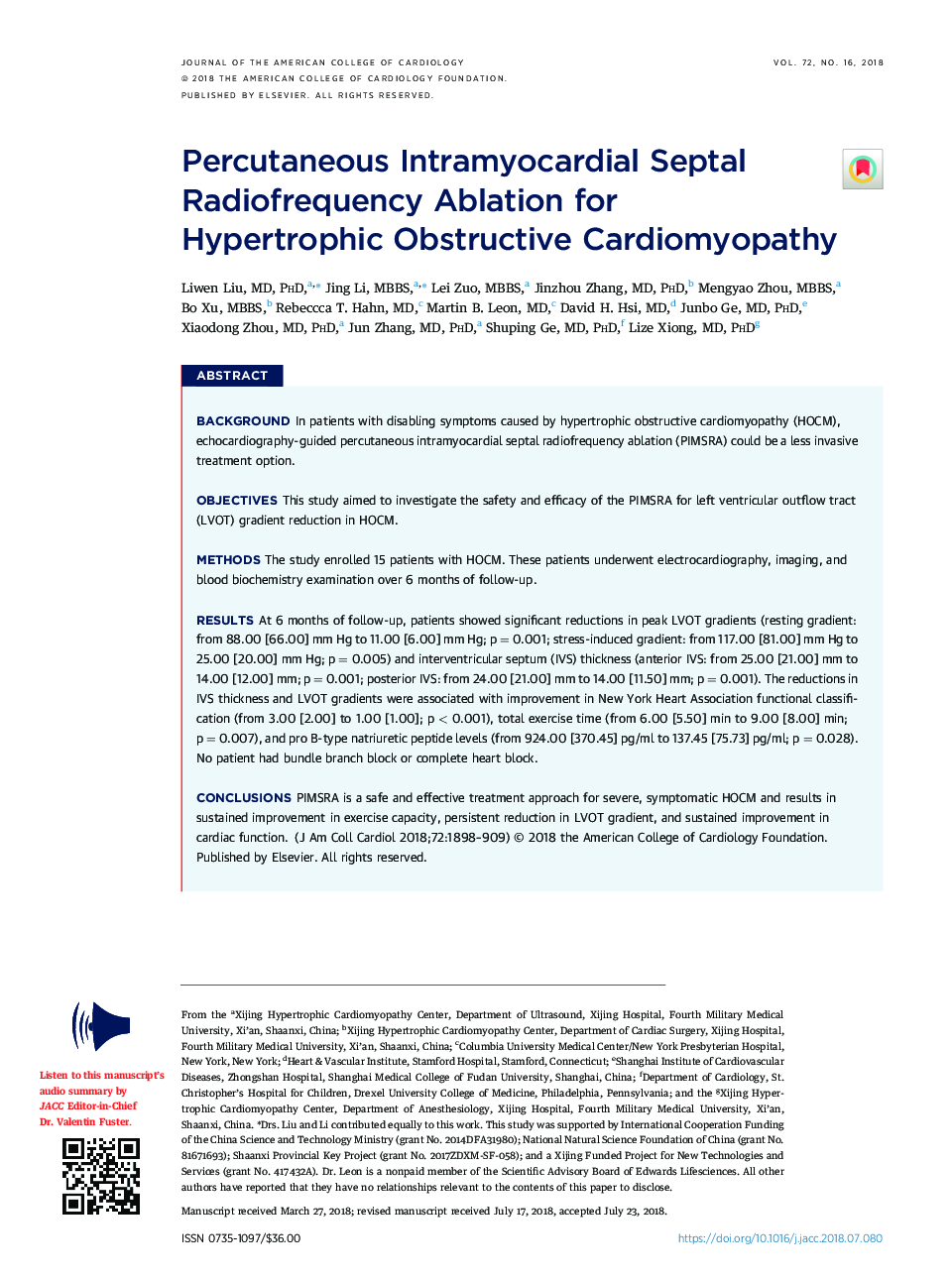 Percutaneous Intramyocardial Septal Radiofrequency Ablation for Hypertrophic Obstructive Cardiomyopathy