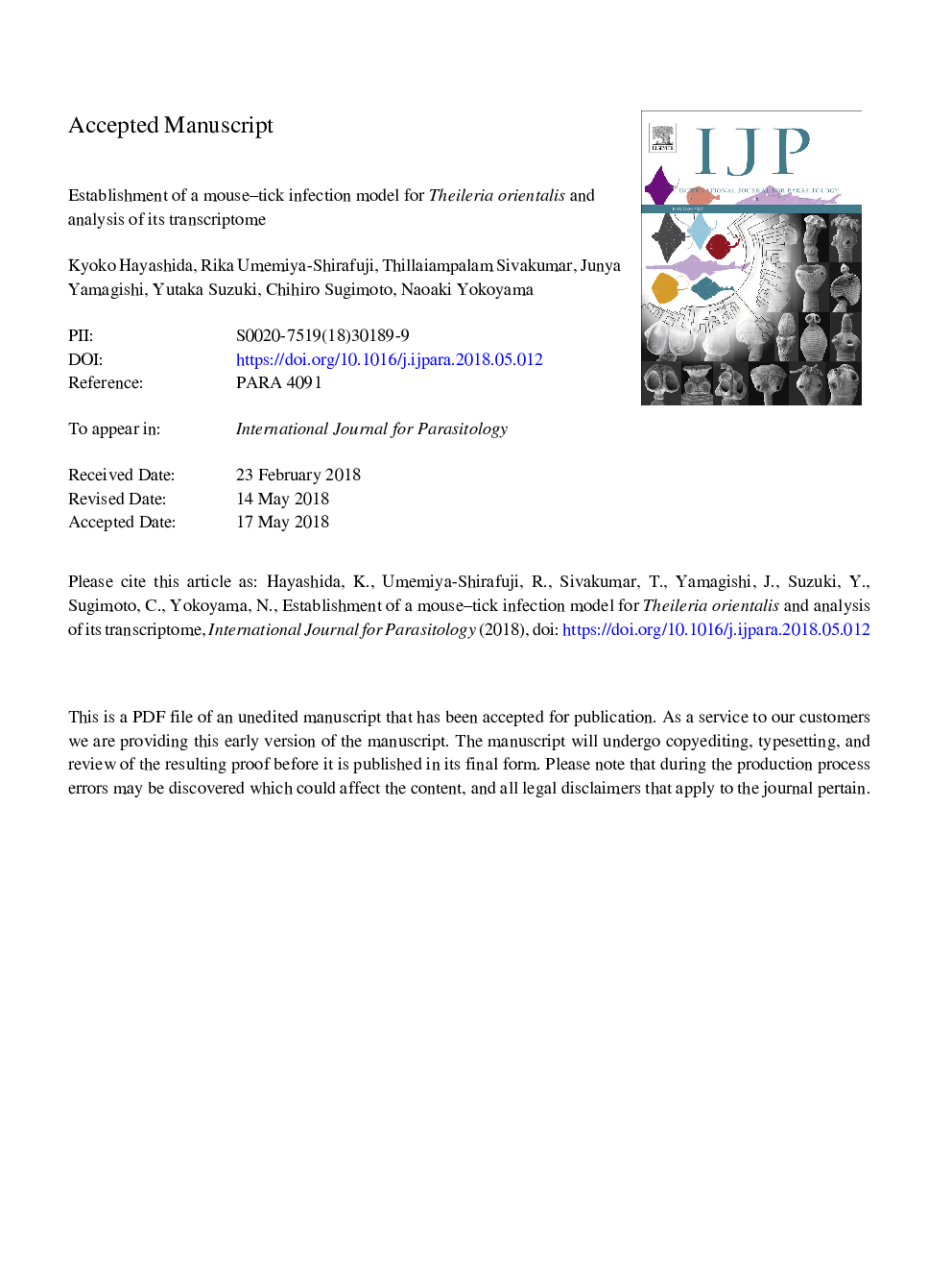 Establishment of a mouse-tick infection model for Theileria orientalis and analysis of its transcriptome