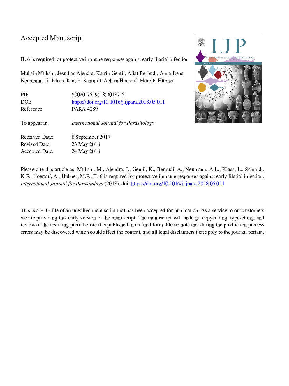 IL-6 is required for protective immune responses against early filarial infection