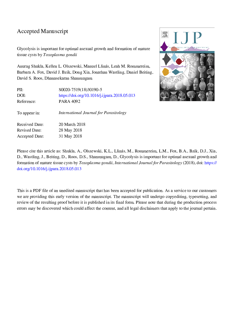 Glycolysis is important for optimal asexual growth and formation of mature tissue cysts by Toxoplasma gondii