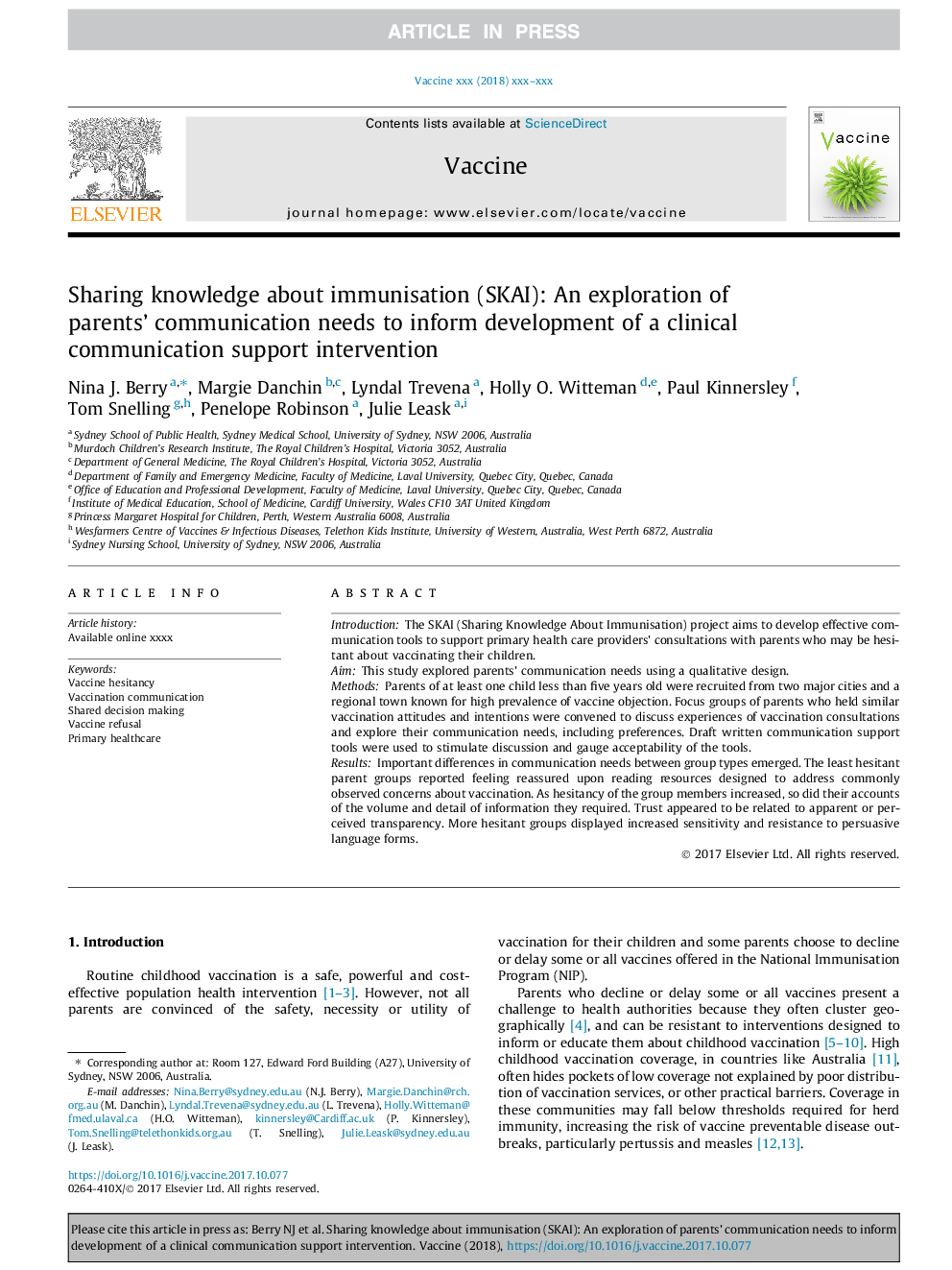 Sharing knowledge about immunisation (SKAI): An exploration of parents' communication needs to inform development of a clinical communication support intervention