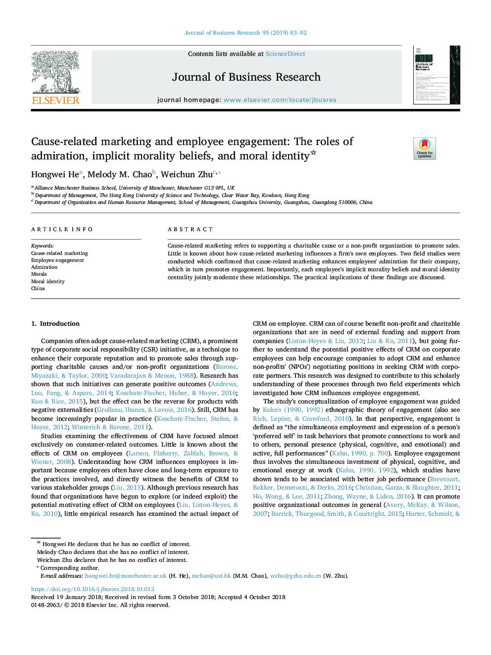 Cause-related marketing and employee engagement: The roles of admiration, implicit morality beliefs, and moral identity
