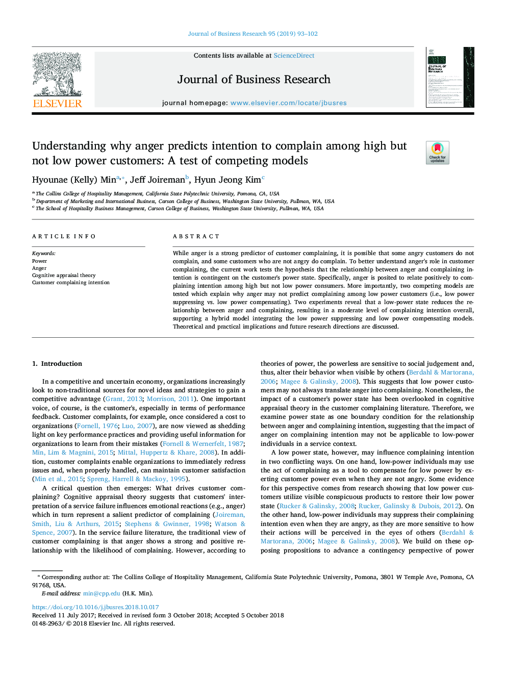 Understanding why anger predicts intention to complain among high but not low power customers: A test of competing models