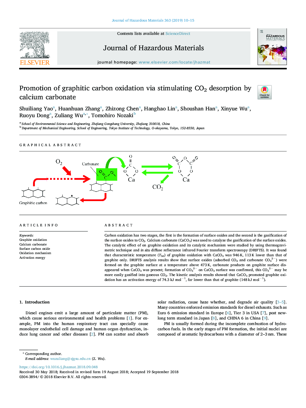 Promotion of graphitic carbon oxidation via stimulating CO2 desorption by calcium carbonate