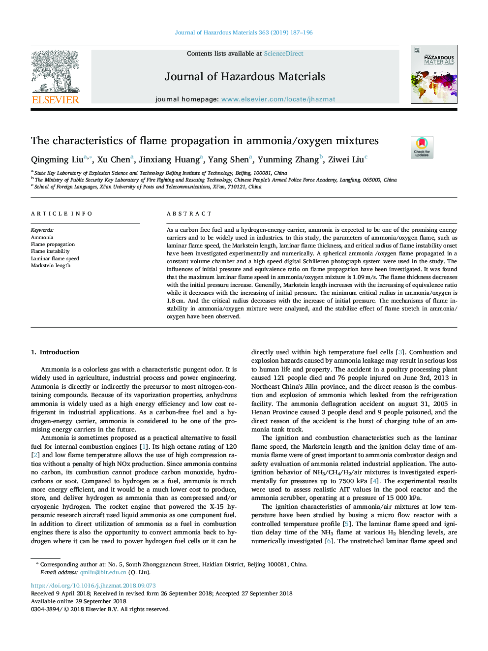 The characteristics of flame propagation in ammonia/oxygen mixtures