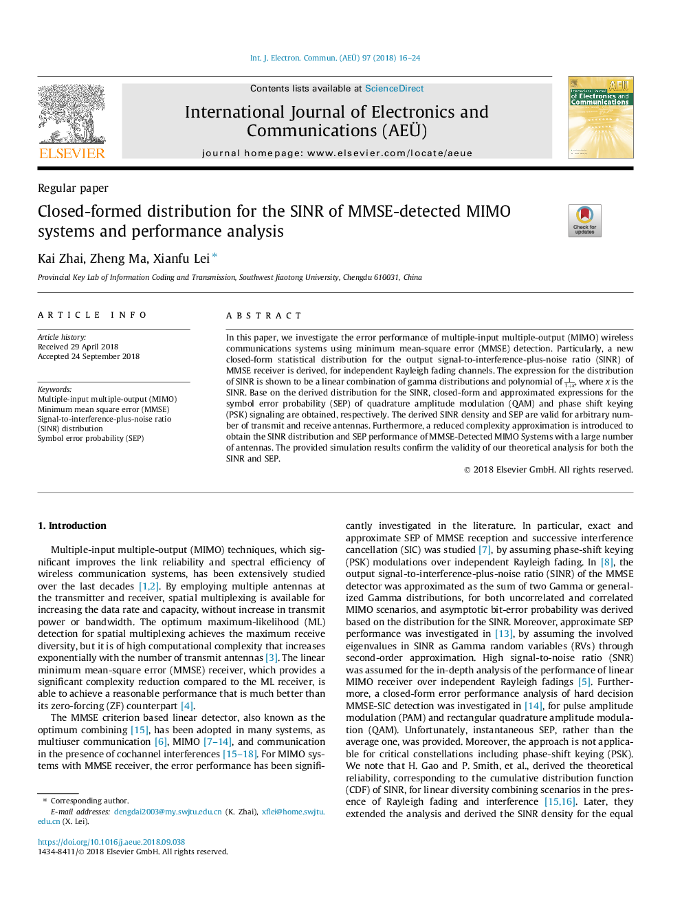 Closed-formed distribution for the SINR of MMSE-detected MIMO systems and performance analysis