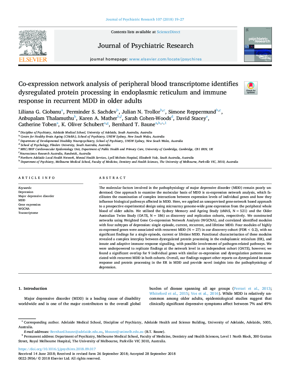 Co-expression network analysis of peripheral blood transcriptome identifies dysregulated protein processing in endoplasmic reticulum and immune response in recurrent MDD in older adults