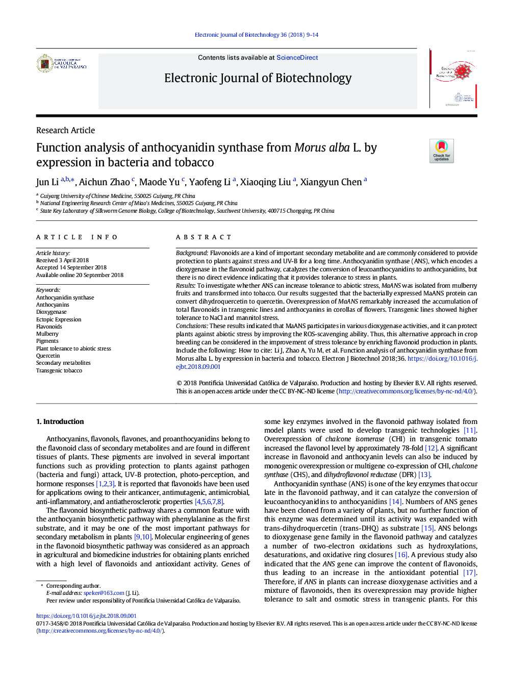 Function analysis of anthocyanidin synthase from Morus alba L. by expression in bacteria and tobacco