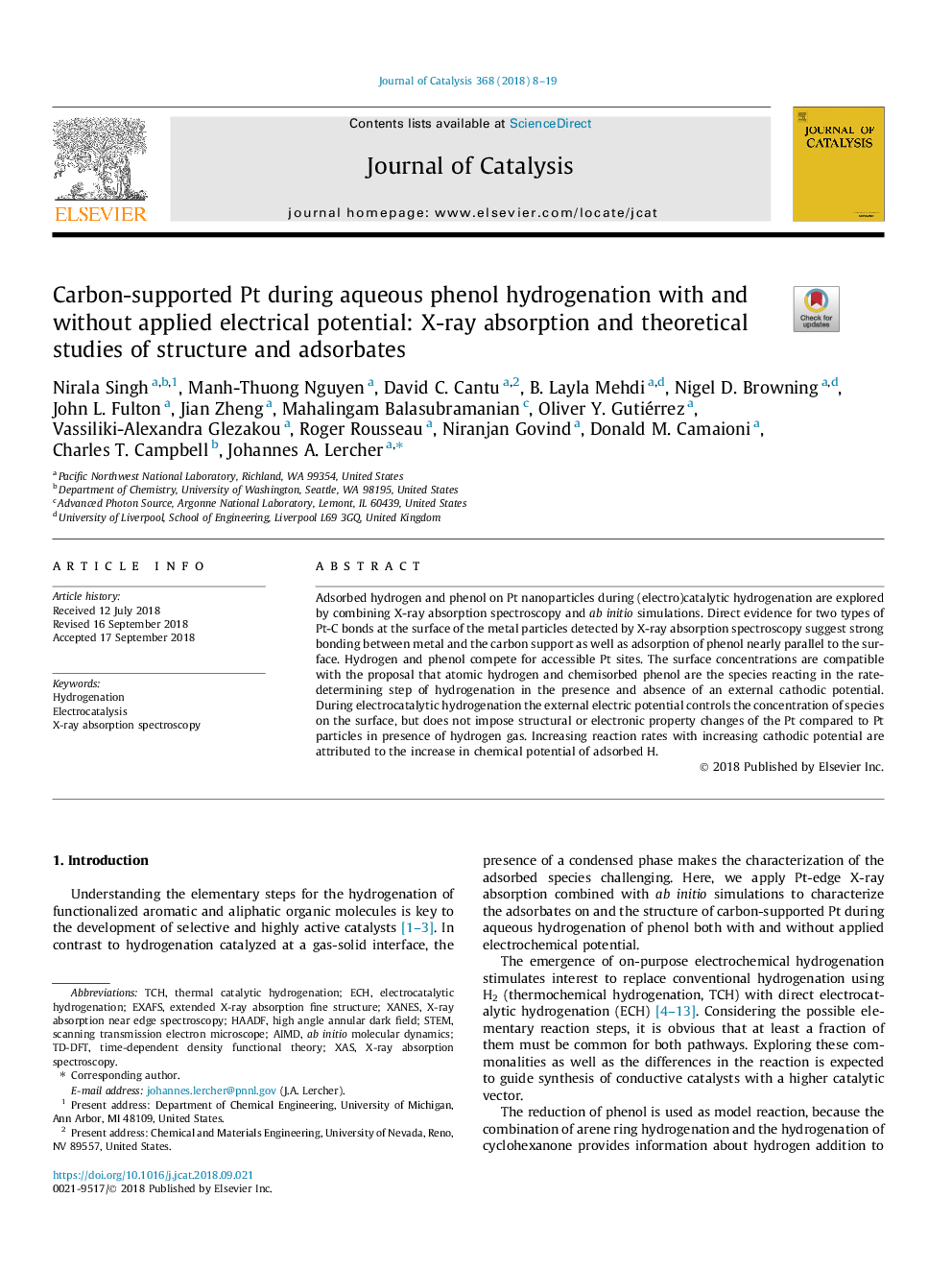 Carbon-supported Pt during aqueous phenol hydrogenation with and without applied electrical potential: X-ray absorption and theoretical studies of structure and adsorbates