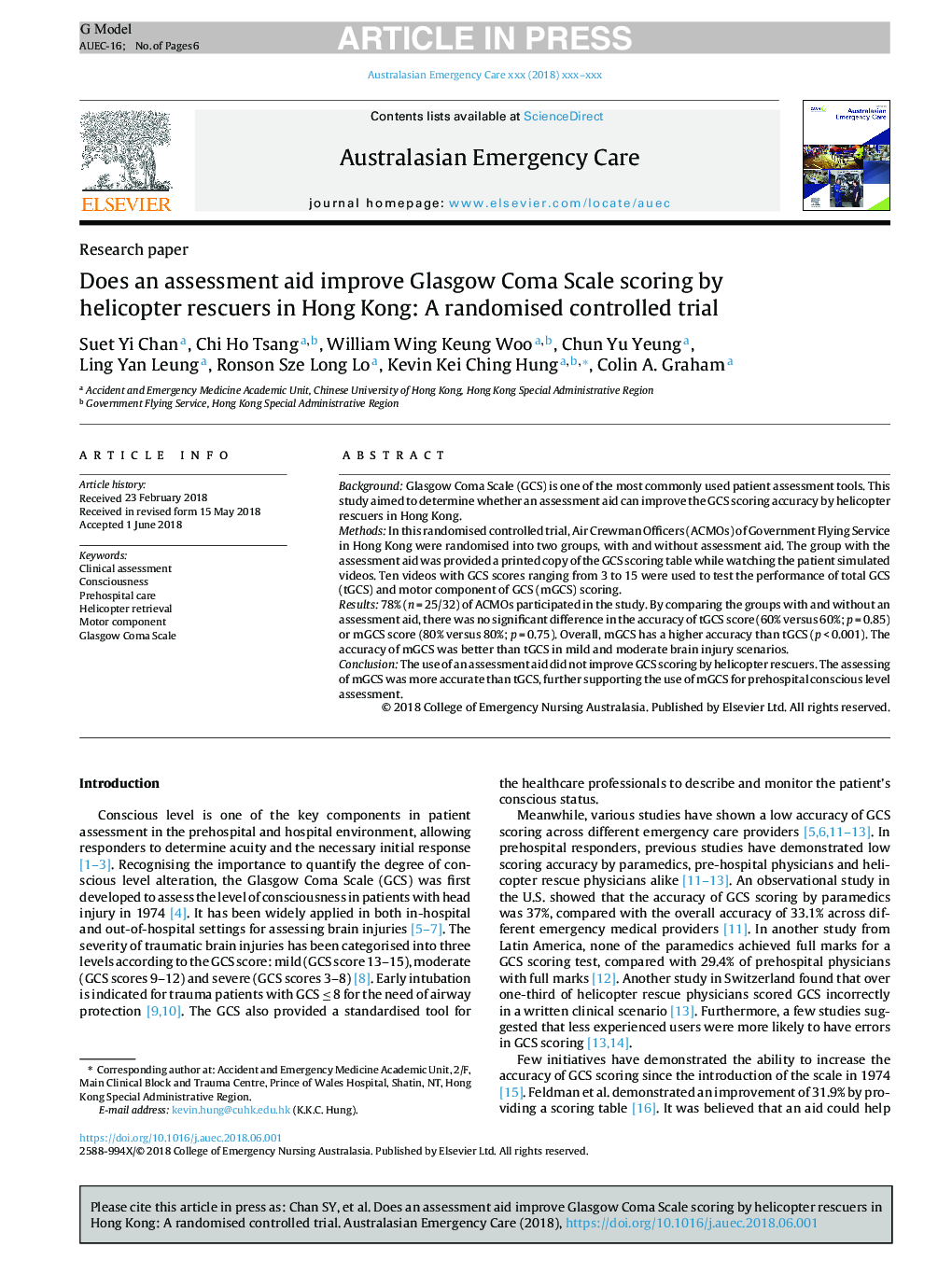 Does an assessment aid improve Glasgow Coma Scale scoring by helicopter rescuers in Hong Kong: A randomised controlled trial