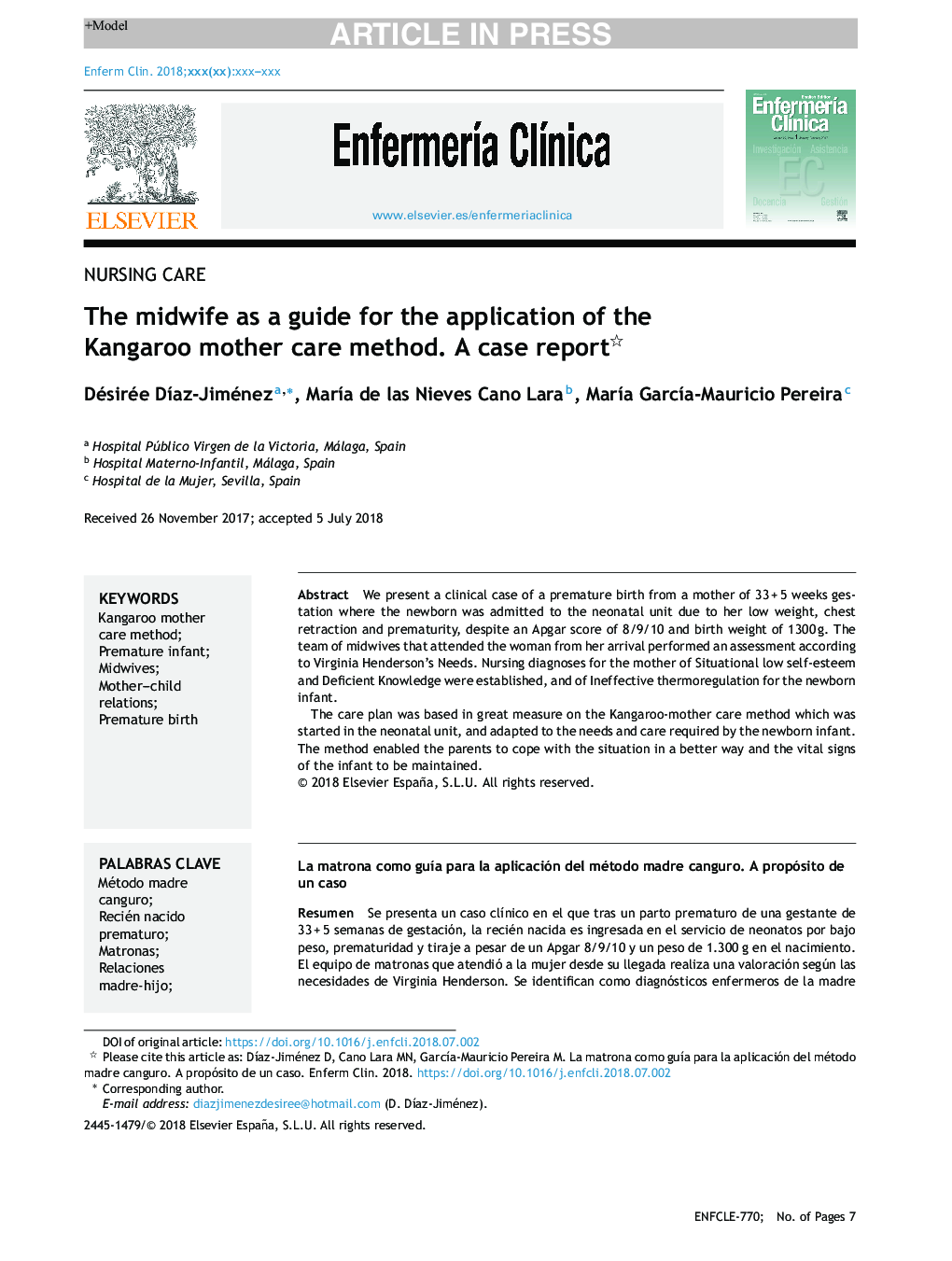 The midwife as a guide for the application of the Kangaroo mother care method. A case report