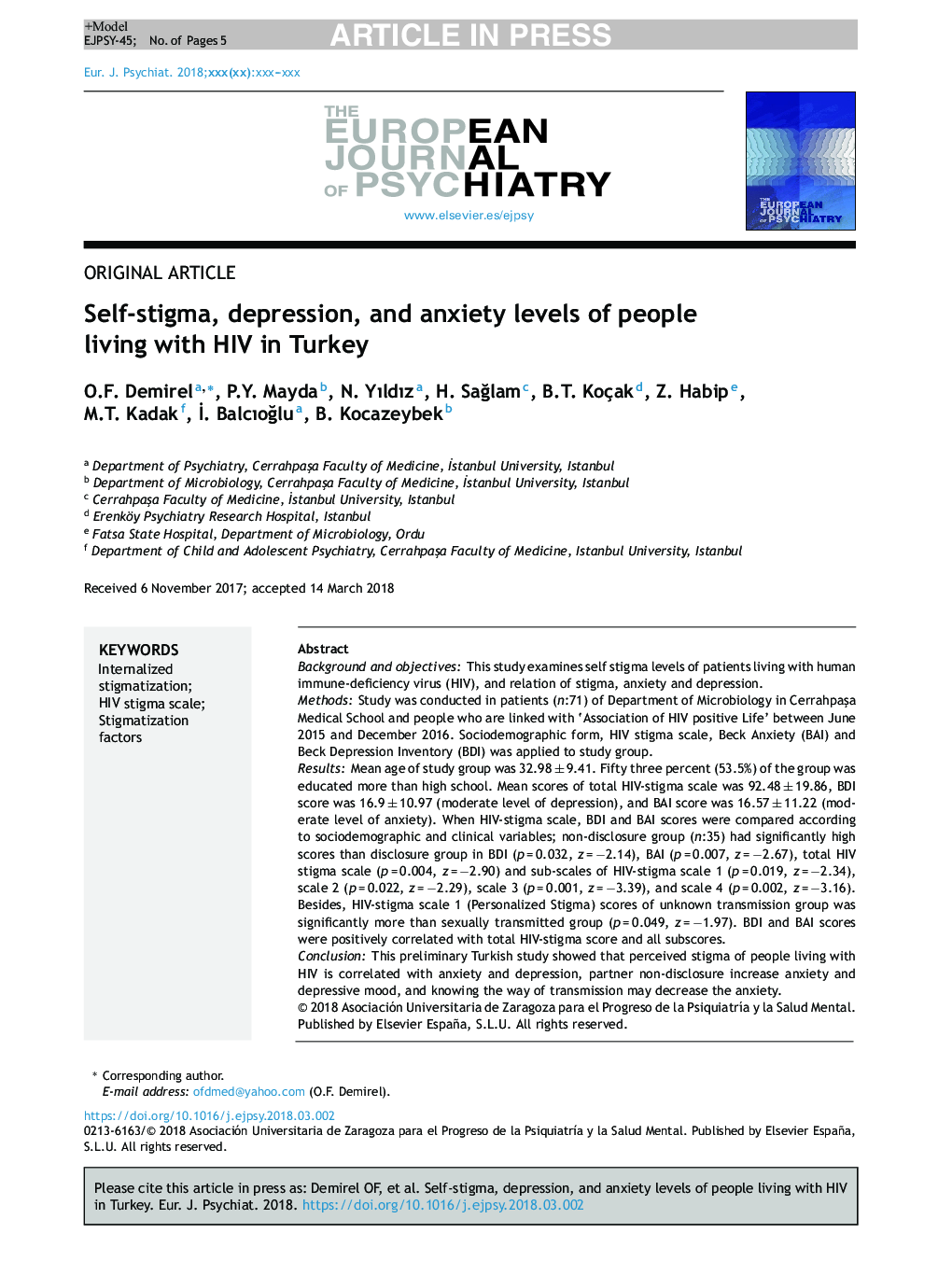 Self-stigma, depression, and anxiety levels of people living with HIV in Turkey