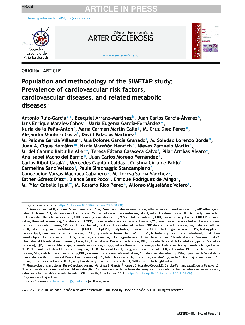 Population and methodology of the SIMETAP study: Prevalence of cardiovascular risk factors, cardiovascular diseases, and related metabolic diseases