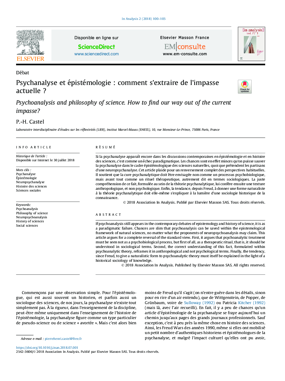 Psychanalyse et épistémologieÂ : comment s'extraire de l'impasse actuelleÂ ?