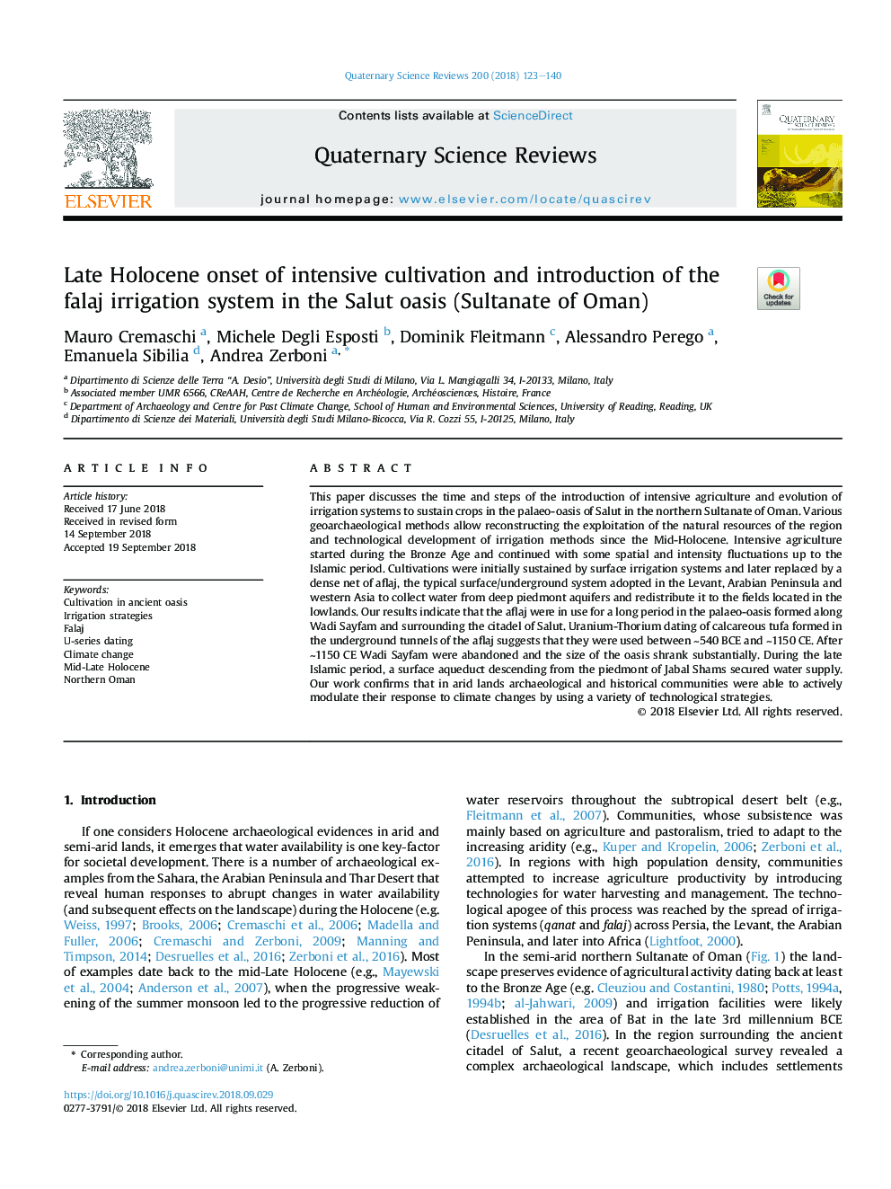 Late Holocene onset of intensive cultivation and introduction of the falaj irrigation system in the Salut oasis (Sultanate of Oman)