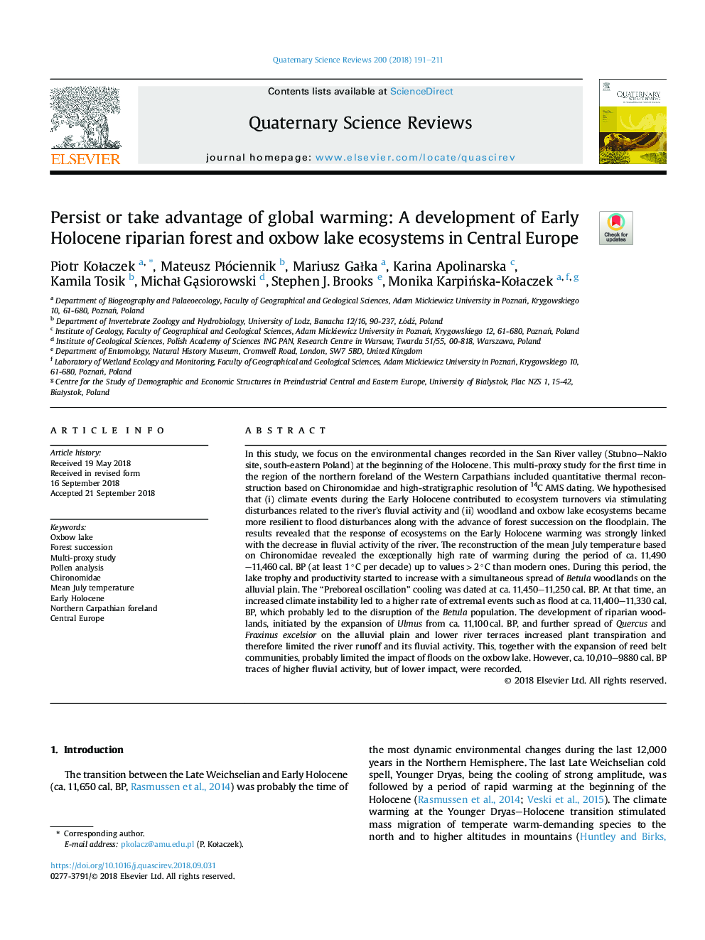 Persist or take advantage of global warming: A development of Early Holocene riparian forest and oxbow lake ecosystems in Central Europe