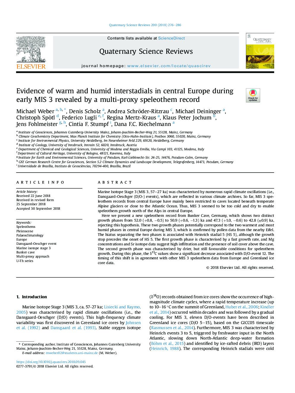 Evidence of warm and humid interstadials in central Europe during early MIS 3 revealed by a multi-proxy speleothem record