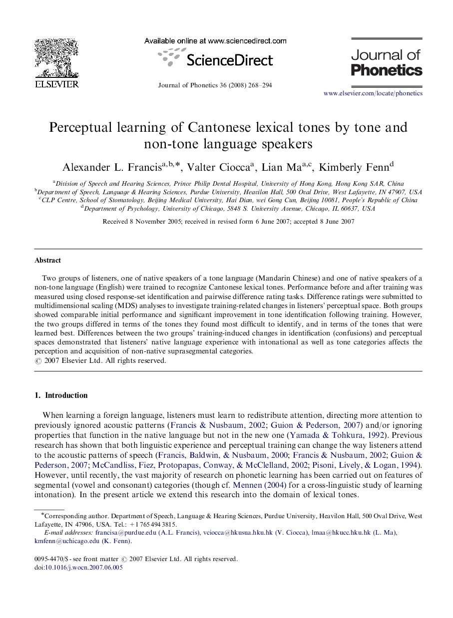 Perceptual learning of Cantonese lexical tones by tone and non-tone language speakers