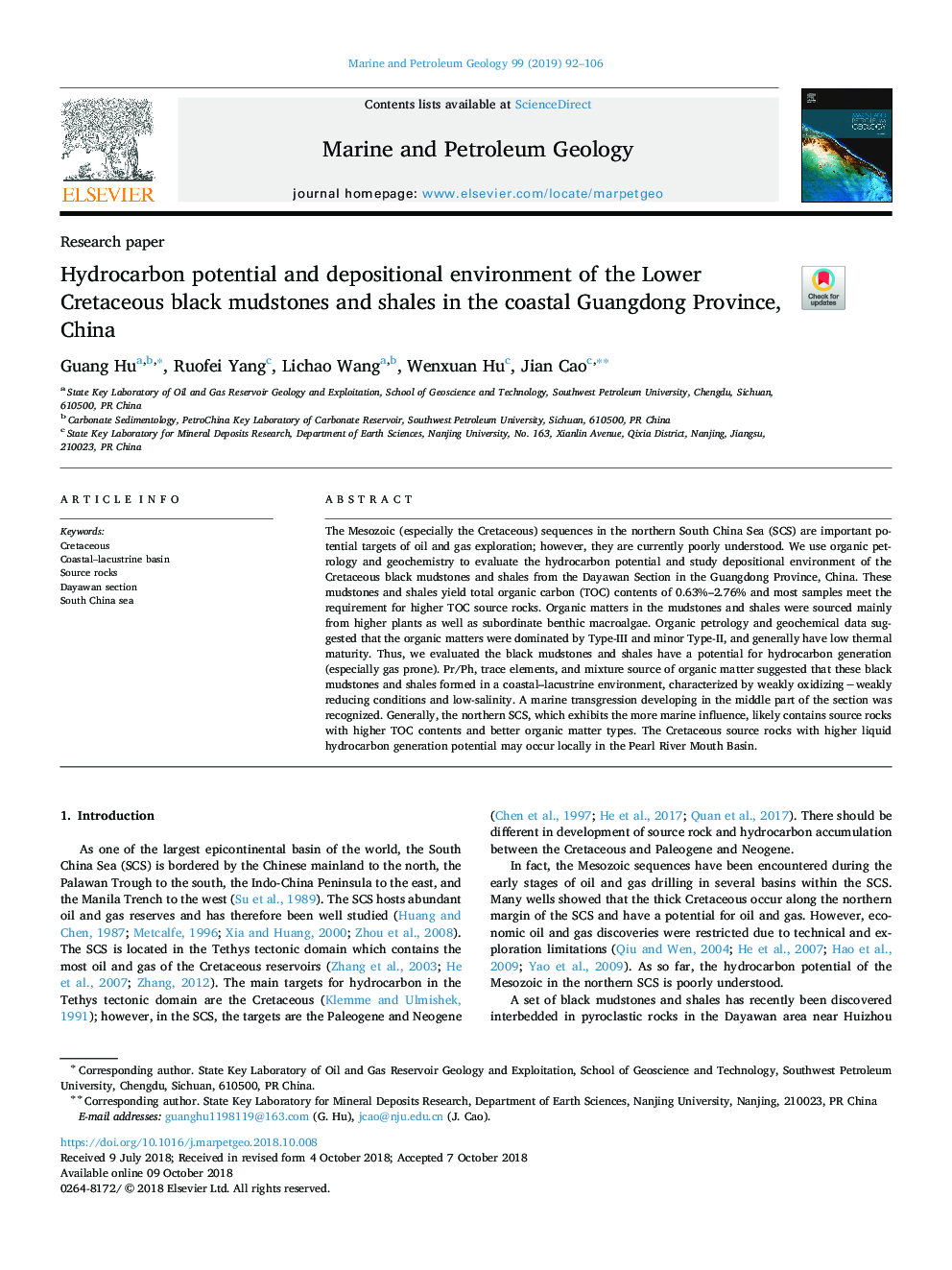 Hydrocarbon potential and depositional environment of the Lower Cretaceous black mudstones and shales in the coastal Guangdong Province, China