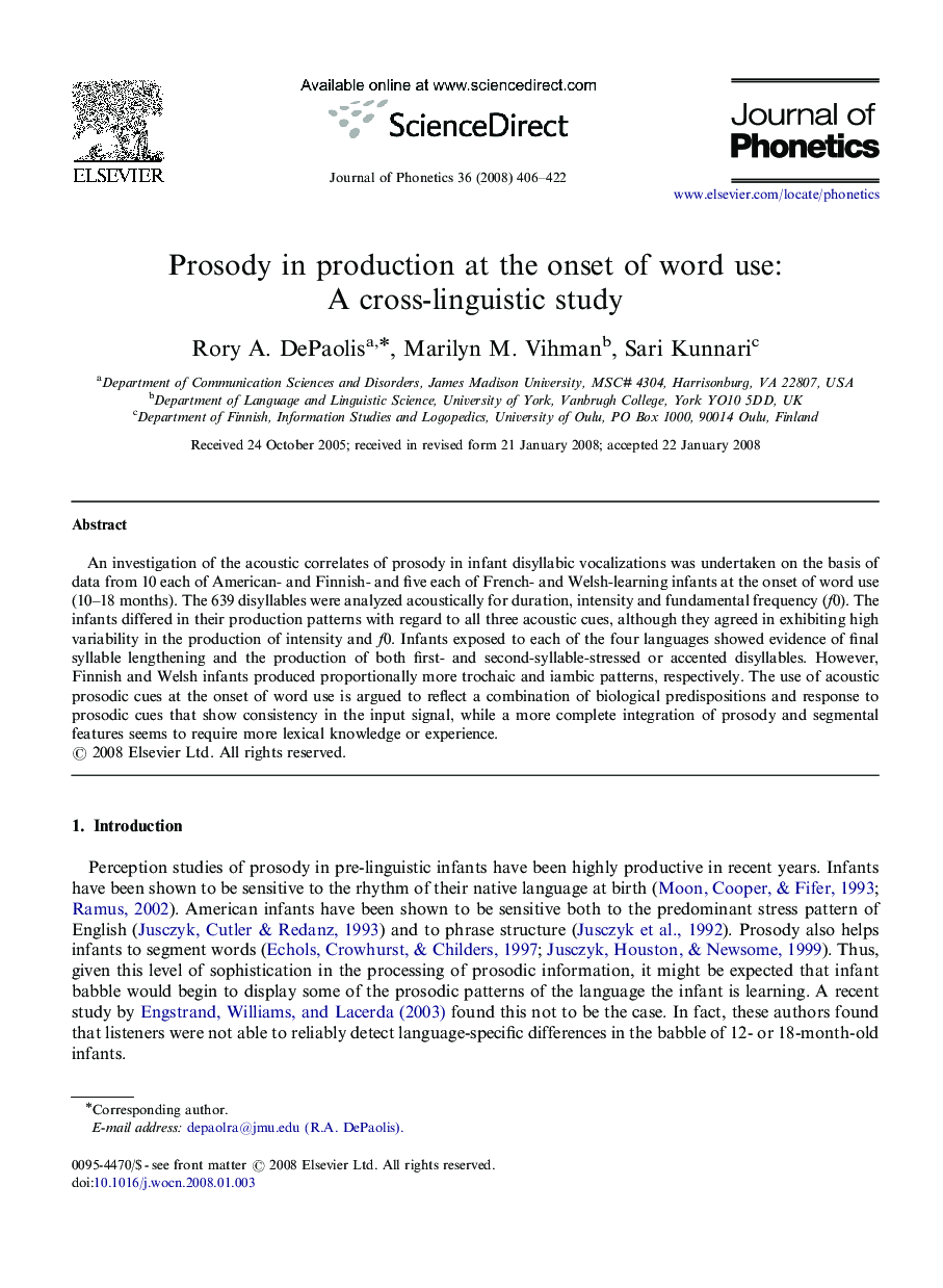 Prosody in production at the onset of word use: A cross-linguistic study