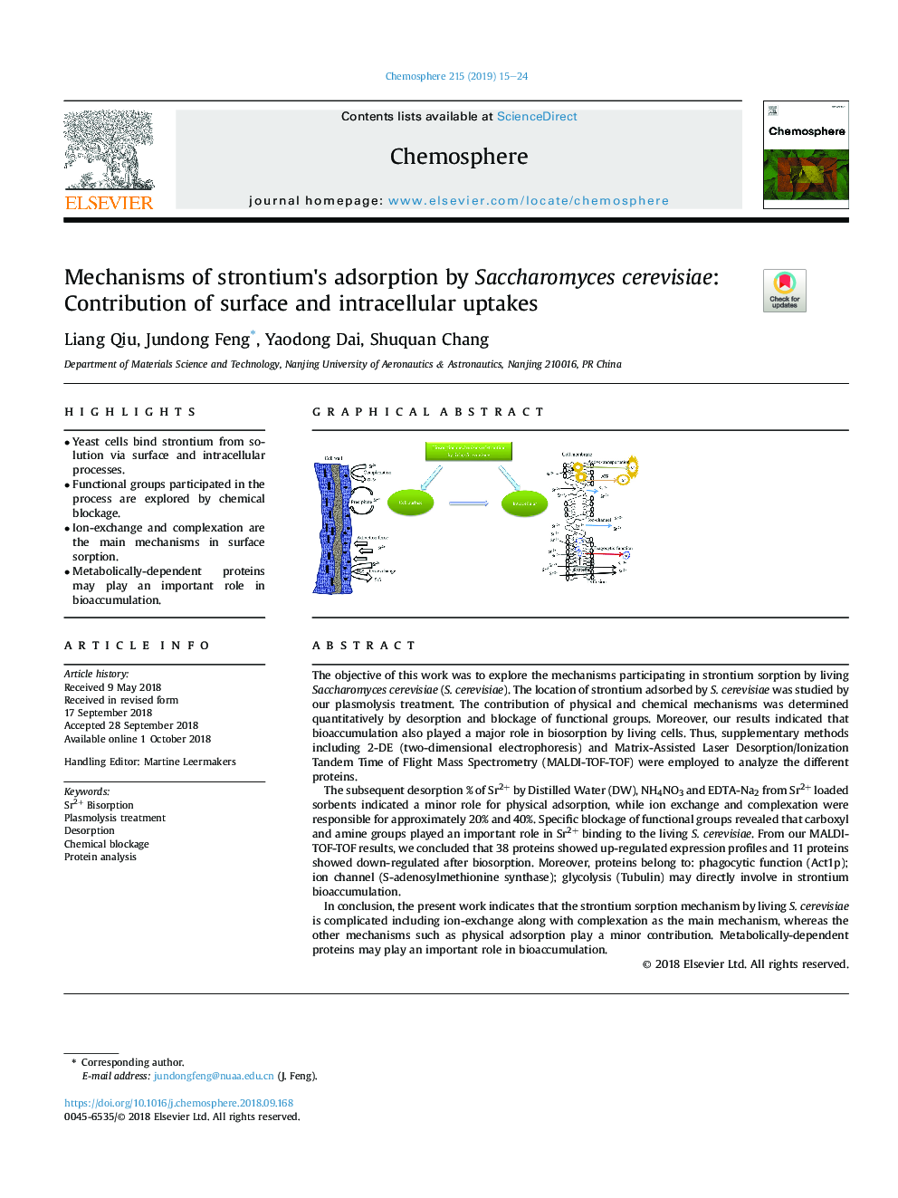 Mechanisms of strontium's adsorption by Saccharomyces cerevisiae: Contribution of surface and intracellular uptakes