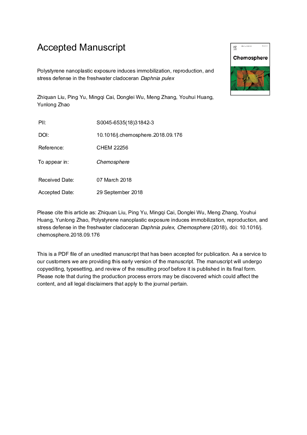 Polystyrene nanoplastic exposure induces immobilization, reproduction, and stress defense in the freshwater cladoceran Daphnia pulex