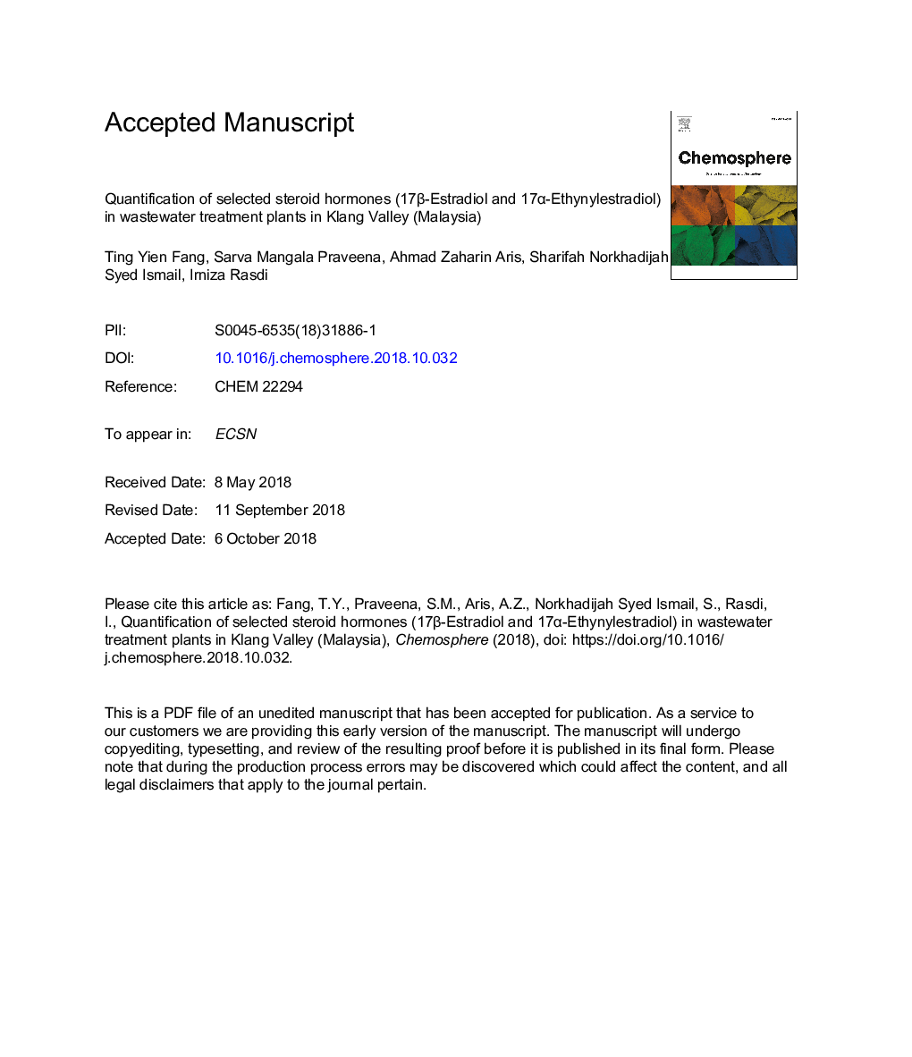 Quantification of selected steroid hormones (17Î²-Estradiol and 17Î±-Ethynylestradiol) in wastewater treatment plants in Klang Valley (Malaysia)