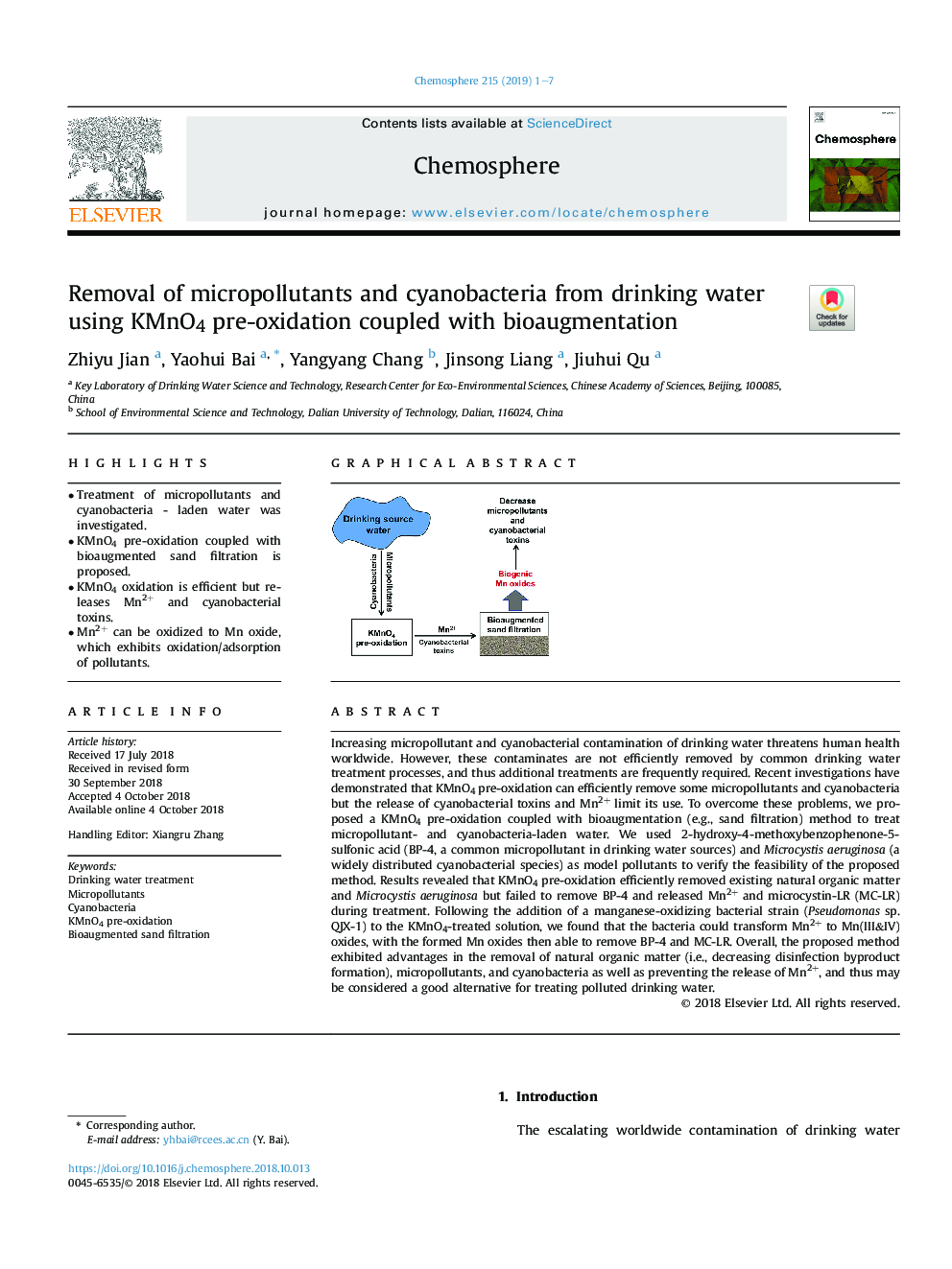 Removal of micropollutants and cyanobacteria from drinking water using KMnO4 pre-oxidation coupled with bioaugmentation