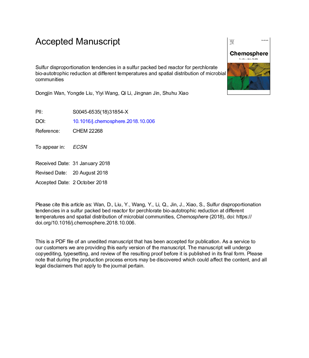 گرایش های عدم تطابق گوگرد در یک رآکتور بسته بندی گوگرد برای کاهش زیست اتوتروفیک پرکلرات در دمای های مختلف و توزیع فضایی جوامع میکروبی