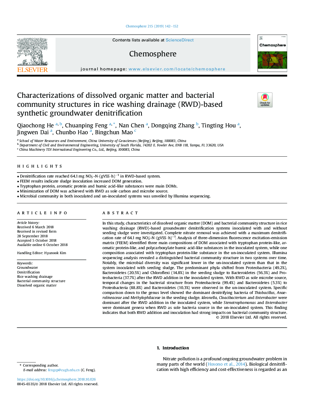 Characterizations of dissolved organic matter and bacterial community structures in rice washing drainage (RWD)-based synthetic groundwater denitrification